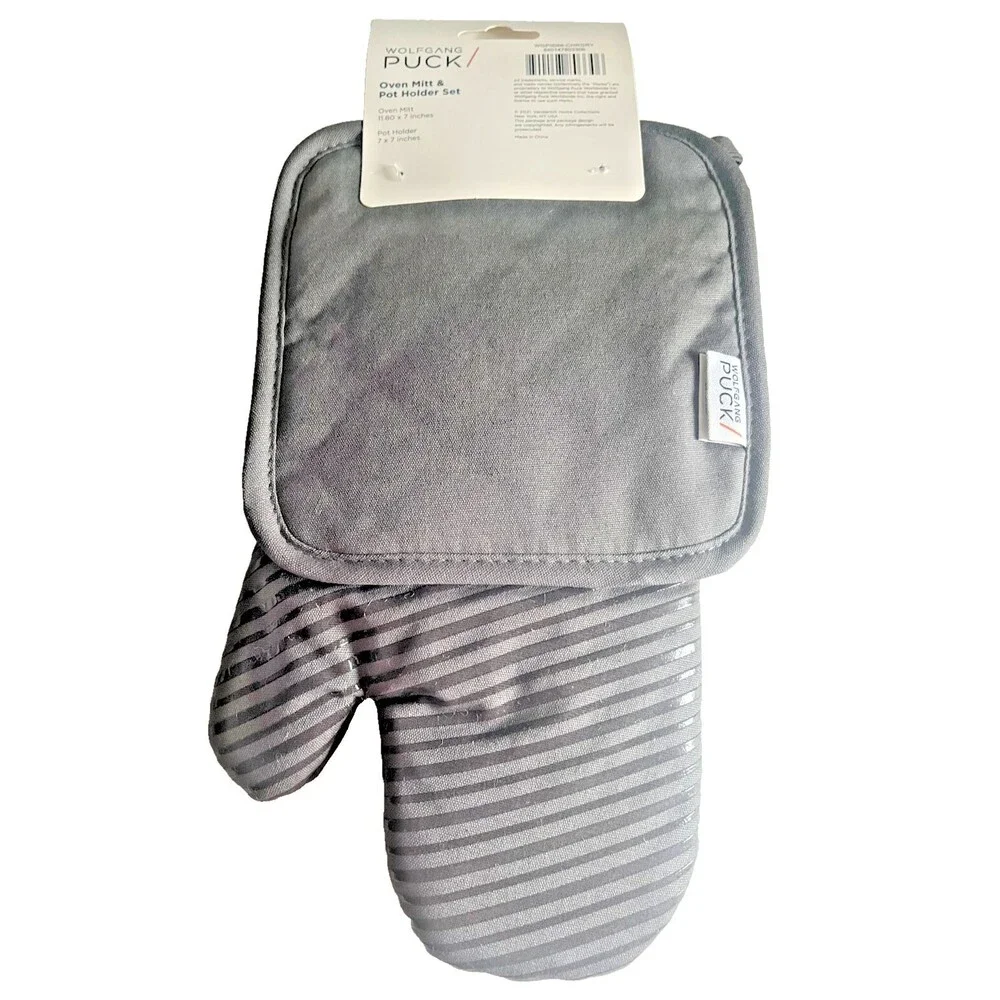 Wolfgang Puck Kitchen Oven Mitt Potholder Silicone Grips Charcoal Embroidered